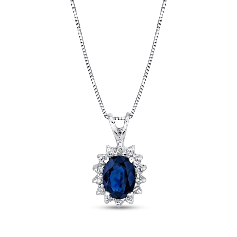 Main Image 1 of Oval Blue Sapphire and 1/5 CT. T.W. Diamond Sunburst Frame Pendant in 14K White Gold