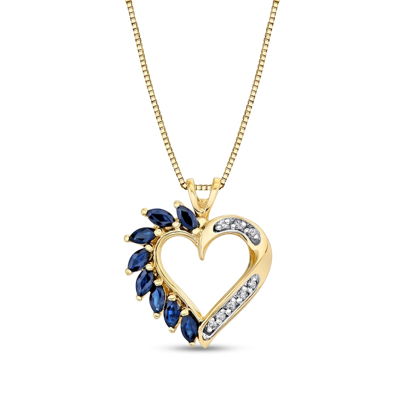Main Image 1 of Marquise-Cut Blue Sapphire and 1/15 CT. T.W. Diamond Frame Heart Pendant in 14K Gold