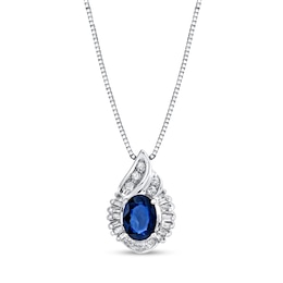 Oval Blue Sapphire and 1/5 CT. T.W. Diamond Flame Pendant in 14K White Gold