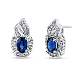 Oval Blue Sapphire and 1/3 CT. T.W. Diamond Flame Drop Earrings in 14K White Gold