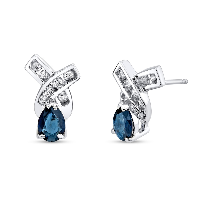 Pear-Shaped Blue Sapphire and 1/4 CT. T.W. Diamond Ribbon Stud Earrings in 14K White Gold