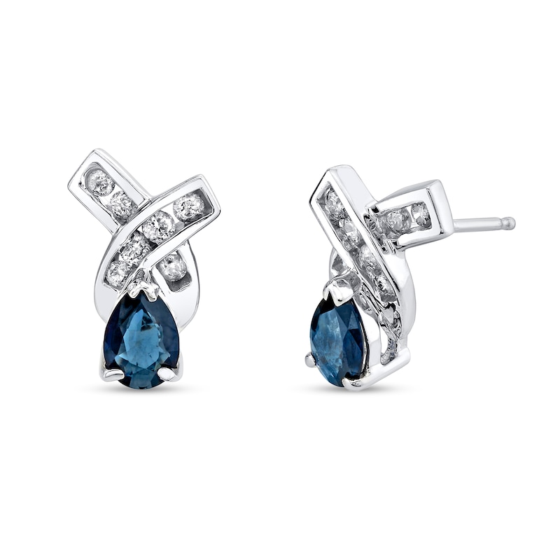 Main Image 1 of Pear-Shaped Blue Sapphire and 1/4 CT. T.W. Diamond Ribbon Stud Earrings in 14K White Gold
