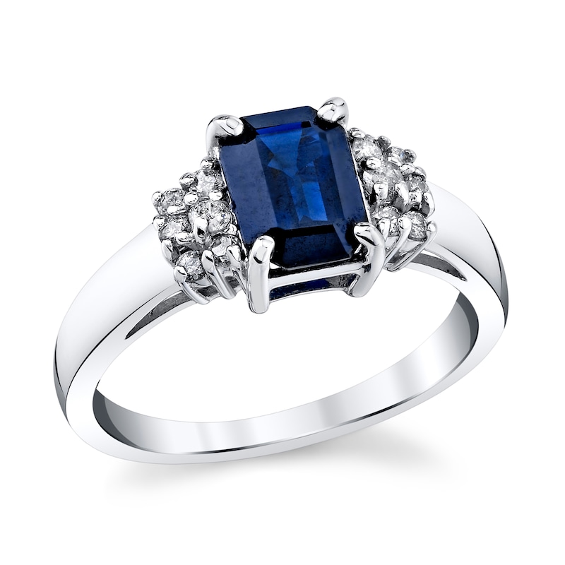 Main Image 1 of Emerald-Cut Blue Sapphire and 1/5 CT. T.W. Diamond Double Collar Ring in 14K White Gold