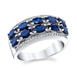 Sideways Oval Blue Sapphire and 1/4 CT. T.W. Diamond Edge Double Row Band in 14K White Gold