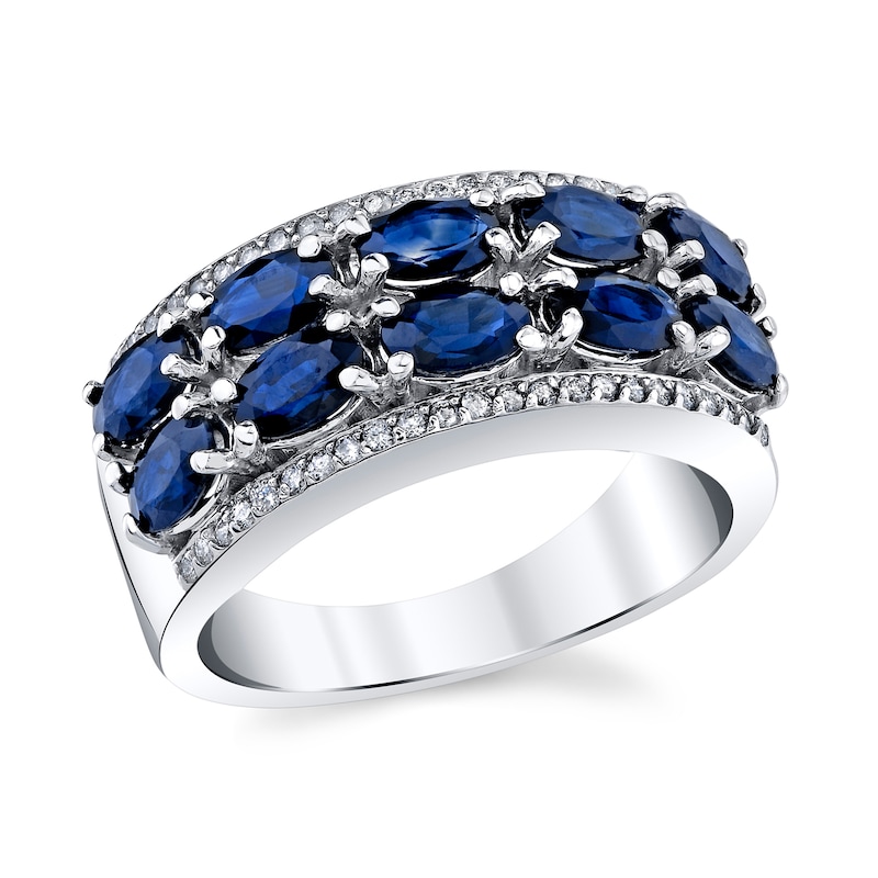 Sideways Oval Blue Sapphire and 1/4 CT. T.W. Diamond Edge Double Row Band in 14K White Gold