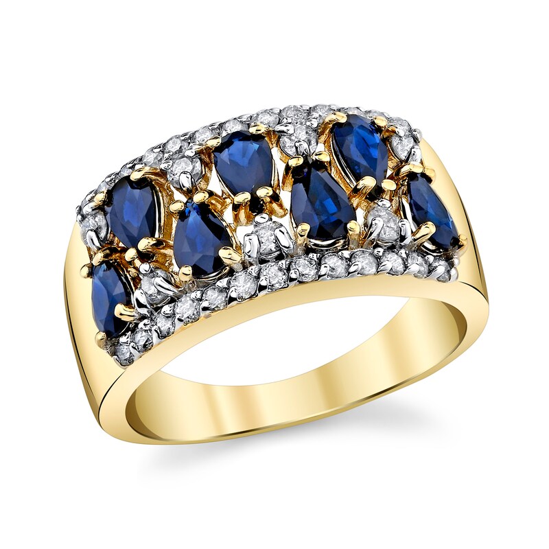 Main Image 1 of Pear-Shaped Blue Sapphire and 3/8 CT. T.W. Diamond Edge Mirrored Band in 14K Gold
