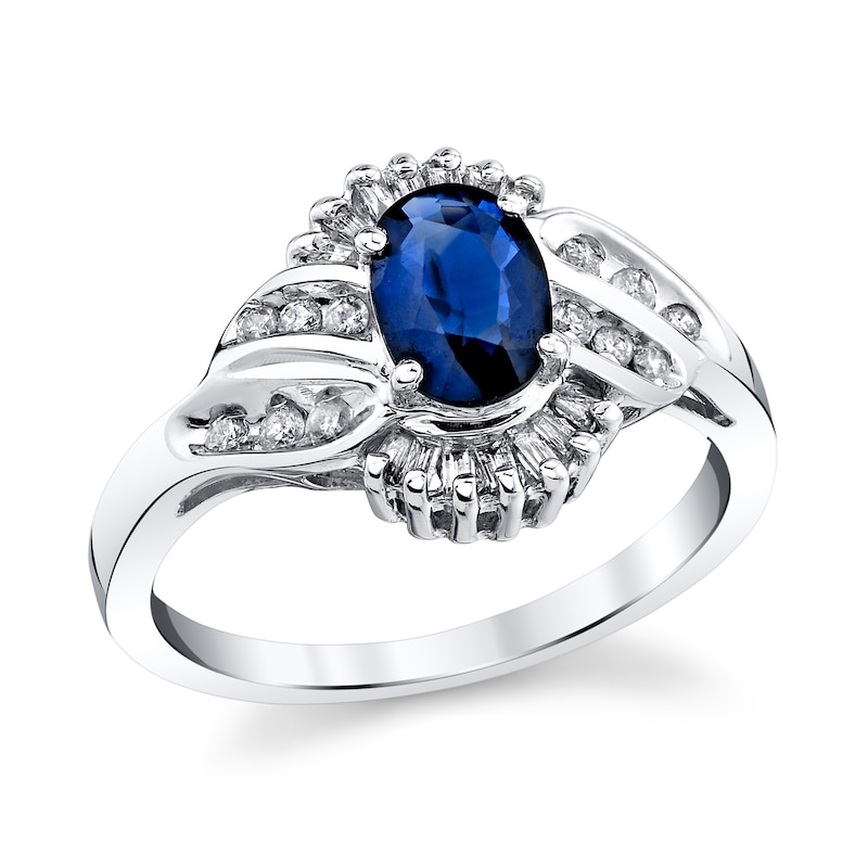 Main Image 1 of Oval Blue Sapphire and 1/3 CT. T.W. Diamond Fan Frame Ring in 14K White Gold