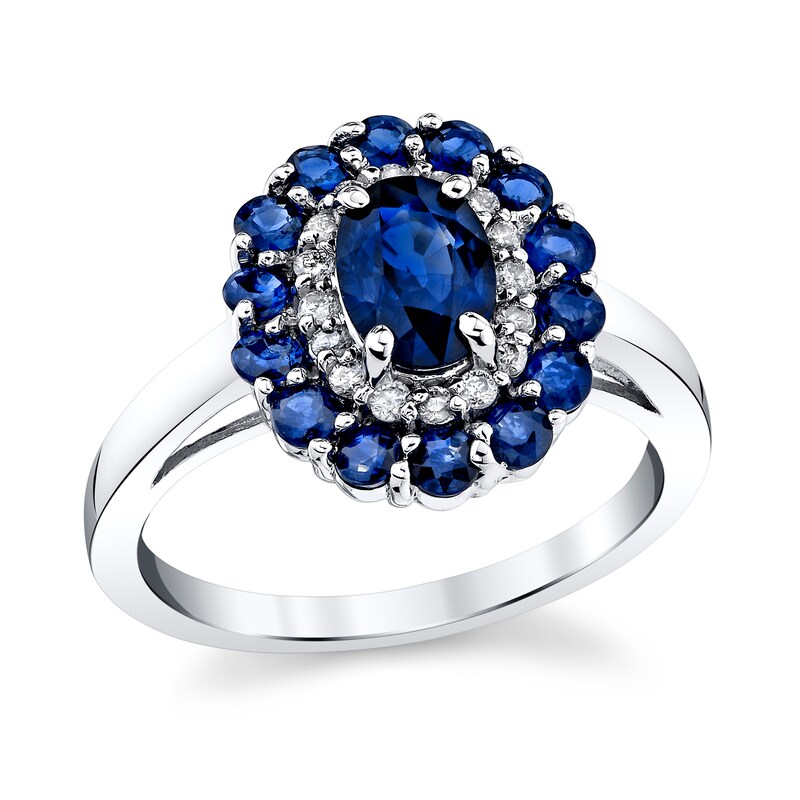Main Image 1 of Oval Blue Sapphire and 1/6 CT. T.W. Diamond Floral Double Frame Ring in 14K White Gold