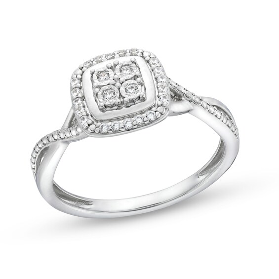 1/10 CT. T.W. Quad Diamond Cushion Frame Twist Shank Ring in Sterling Silver