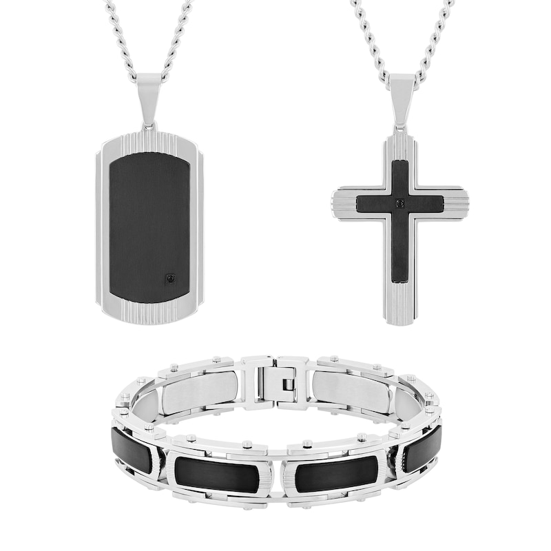 Main Image 1 of Black Diamond Accent Dog Tag, Cross Pendant and Link Bracelet Set in Stainless Steel with Black Ion-Plate