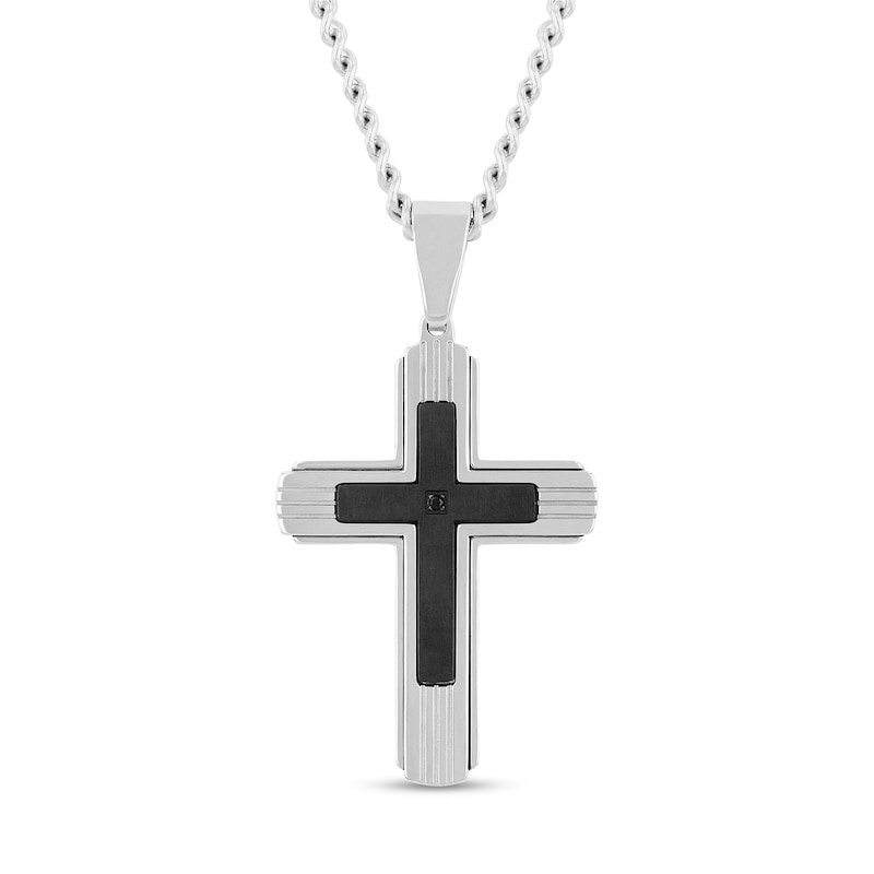 Main Image 3 of Black Diamond Accent Dog Tag, Cross Pendant and Link Bracelet Set in Stainless Steel with Black Ion-Plate