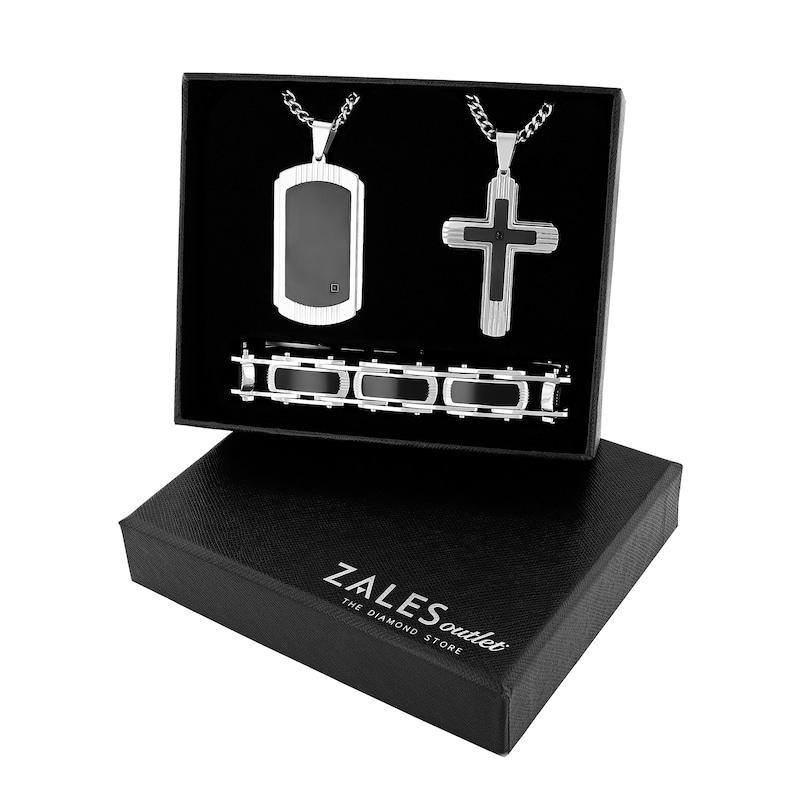 Main Image 5 of Black Diamond Accent Dog Tag, Cross Pendant and Link Bracelet Set in Stainless Steel with Black Ion-Plate