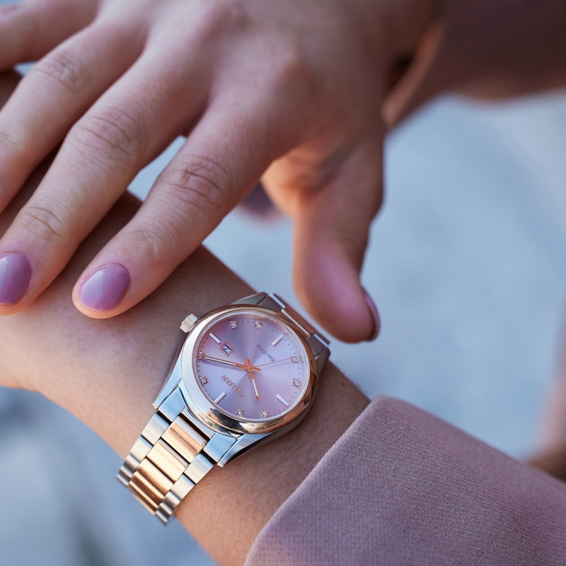 Main Image 5 of Ladies' Citizen Eco-Drive® Diamond Accent Rose Two-Tone Watch with Pink Dial (Model: EW2706-58X)