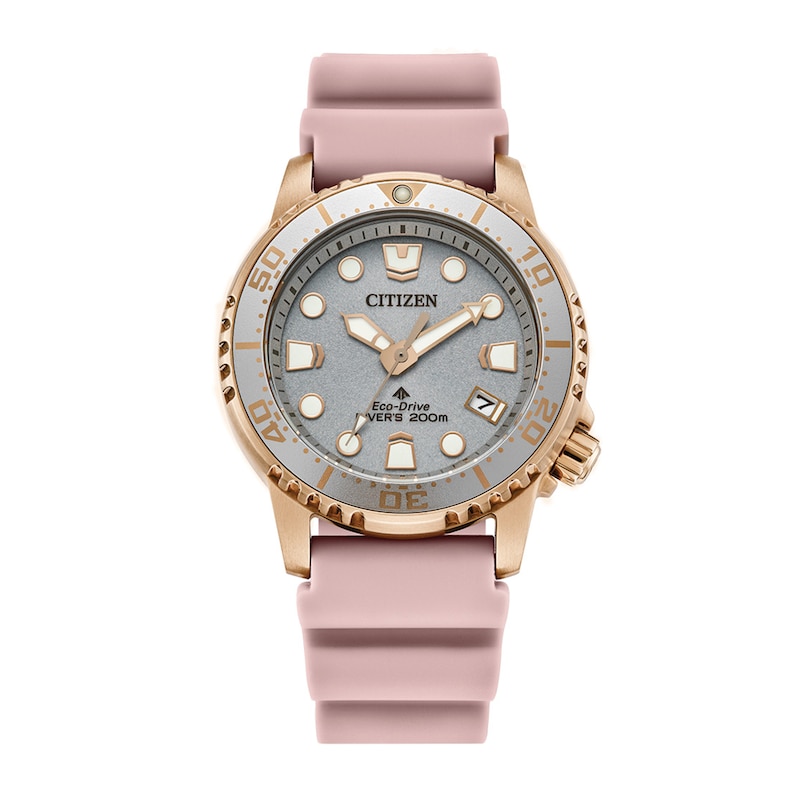 Main Image 1 of Ladies' Citizen Eco-Drive® Promaster Dive Rose-Tone Pink Rubber Strap Watch with Silver-Tone Dial (Model: EO2023-00A)
