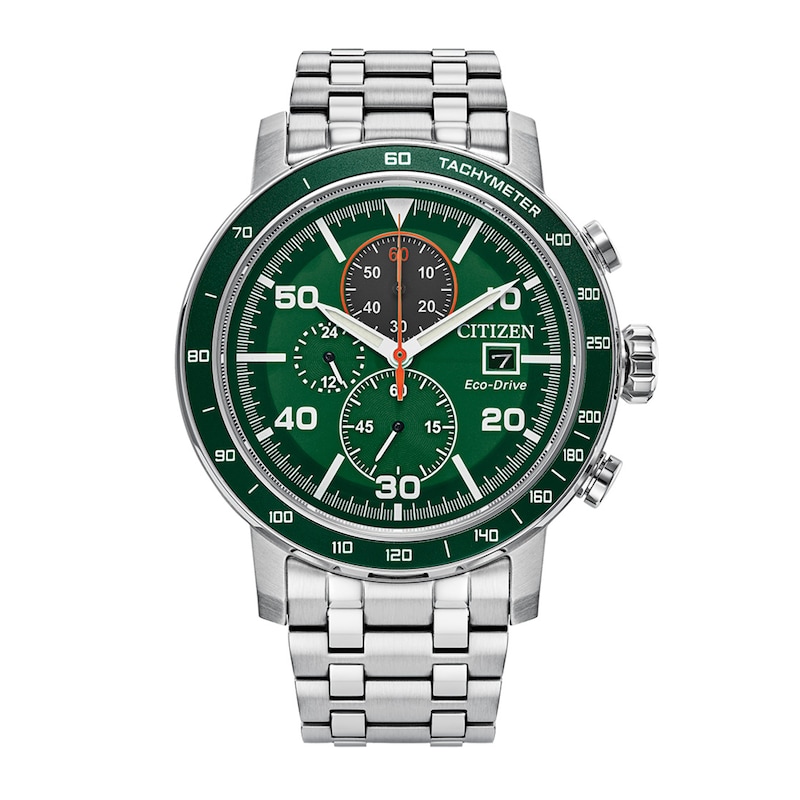 Main Image 1 of Men's Citizen Eco-Drive® Brycen Chronograph Silver-Tone Watch with Green Dial (Model: CA0851-56X)