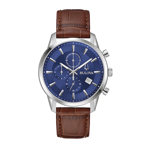 Men's Bulova Classic Sutton Brown Strap Chronograph Watch with Blue Dial (Model: 96B402)