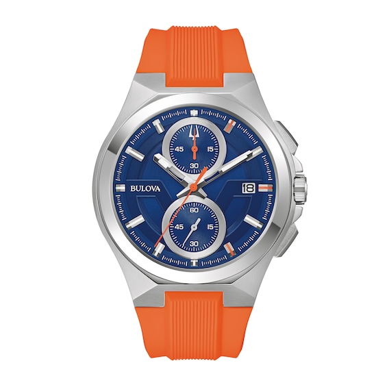 Men's Bulova Maquina Silver-Tone Chronograph Orange Strap Watch with Blue Dial (Model: 96B407)