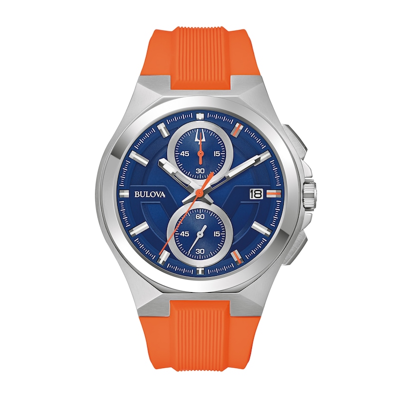 Men\'s Bulova Maquina Silver-Tone Chronograph Orange Strap Watch with Blue  Dial (Model: 96B407) | Zales Outlet
