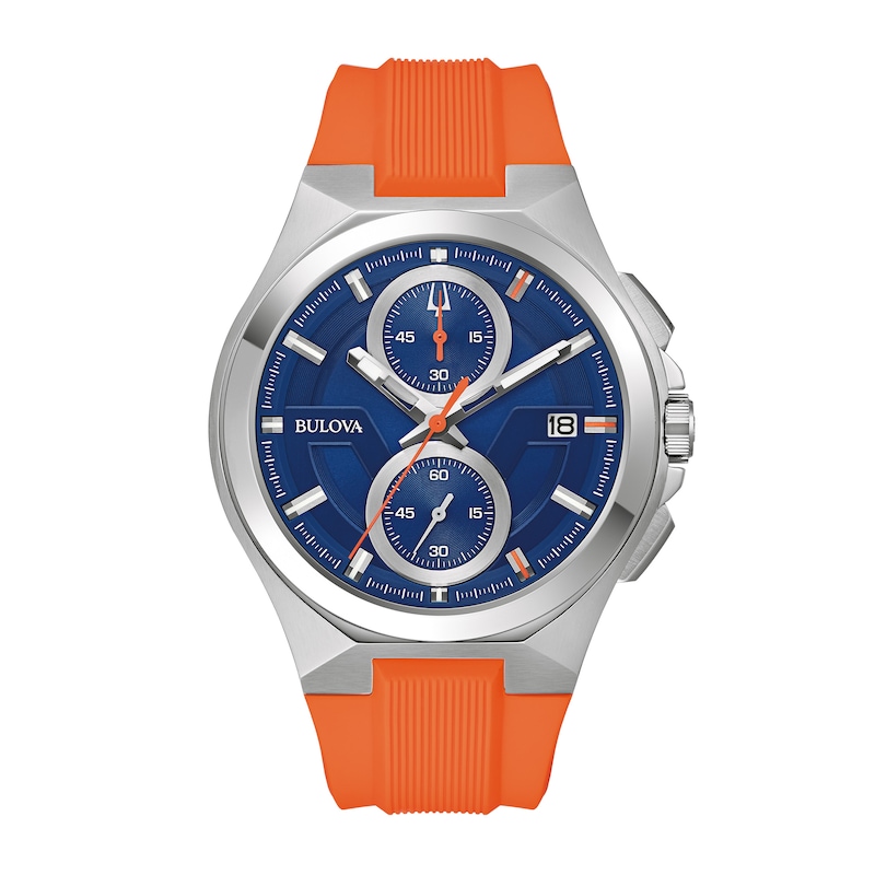 Main Image 1 of Men's Bulova Maquina Silver-Tone Chronograph Orange Strap Watch with Blue Dial (Model: 96B407)