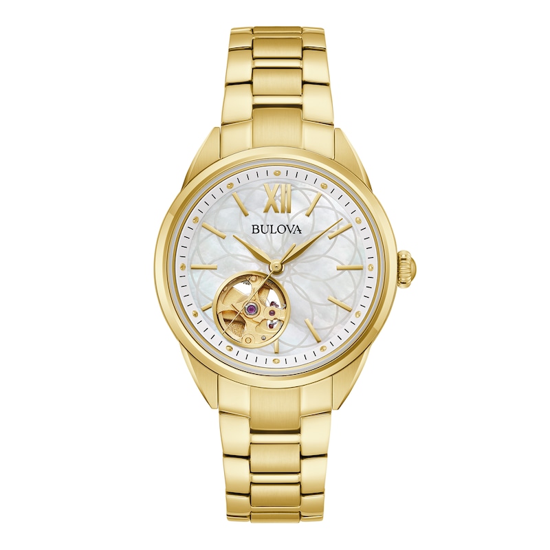 Ladies\' Bulova Sutton Gold-Tone Watch with Mother-of-Pearl Dial and  Skeleton Heart (Model: 97L172) | Zales Outlet