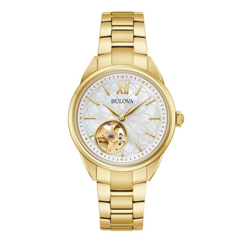Main Image 1 of Ladies' Bulova Sutton Gold-Tone Watch with Mother-of-Pearl Dial and Skeleton Heart (Model: 97L172)