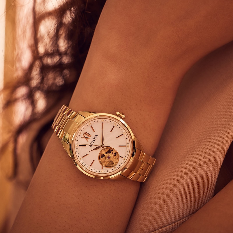 Main Image 5 of Ladies' Bulova Sutton Gold-Tone Watch with Mother-of-Pearl Dial and Skeleton Heart (Model: 97L172)