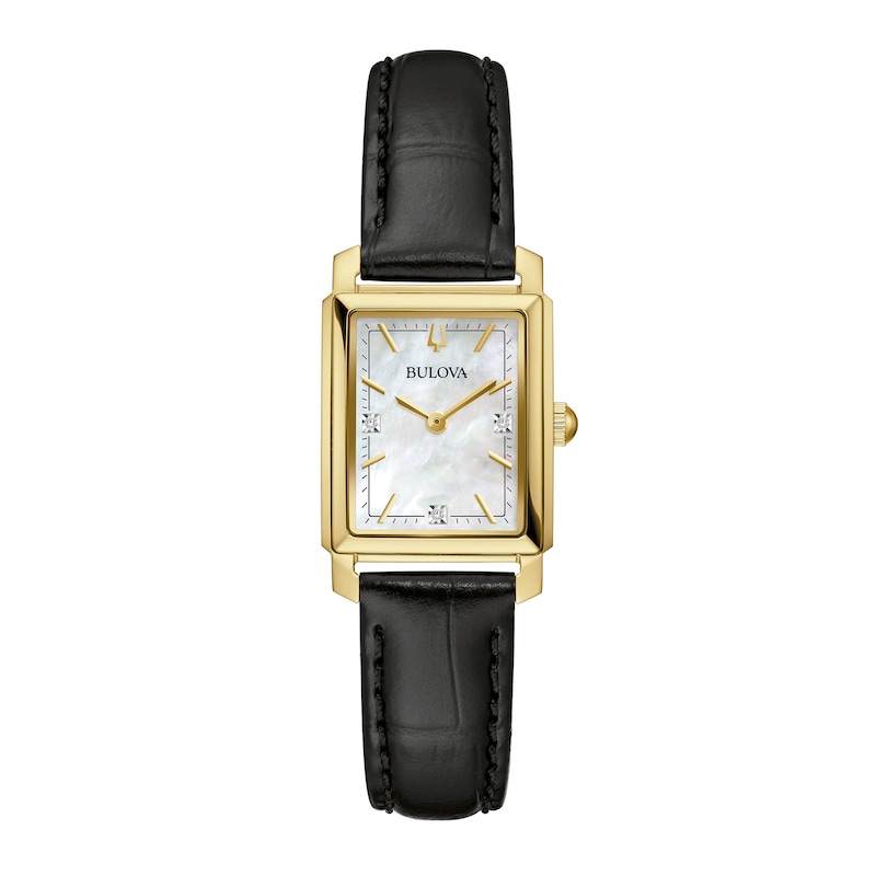 Main Image 1 of Ladies' Bulova Sutton Diamond Accent Gold-Tone Black Strap Watch with Rectangular Mother-of-Pearl Dial (Model: 97P166)