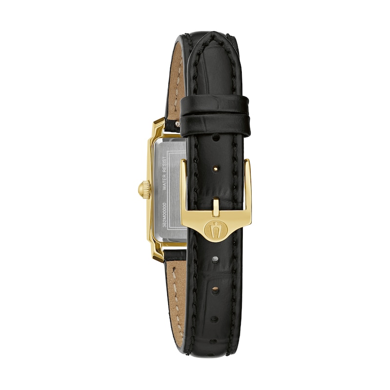 Main Image 3 of Ladies' Bulova Sutton Diamond Accent Gold-Tone Black Strap Watch with Rectangular Mother-of-Pearl Dial (Model: 97P166)