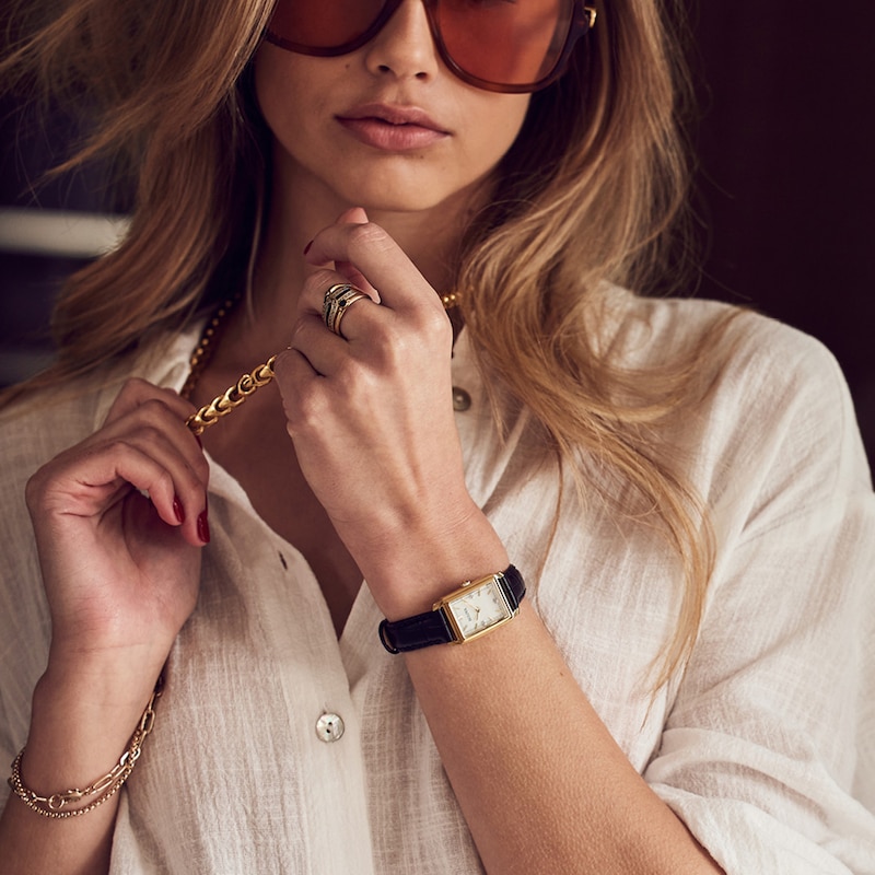 Main Image 5 of Ladies' Bulova Sutton Diamond Accent Gold-Tone Black Strap Watch with Rectangular Mother-of-Pearl Dial (Model: 97P166)