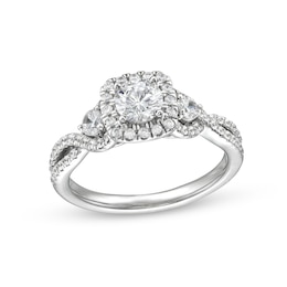 1 CT. T.W. Diamond Cushion Frame Split Shank Past Present Future® Engagement Ring in 14K White Gold (I/I2)