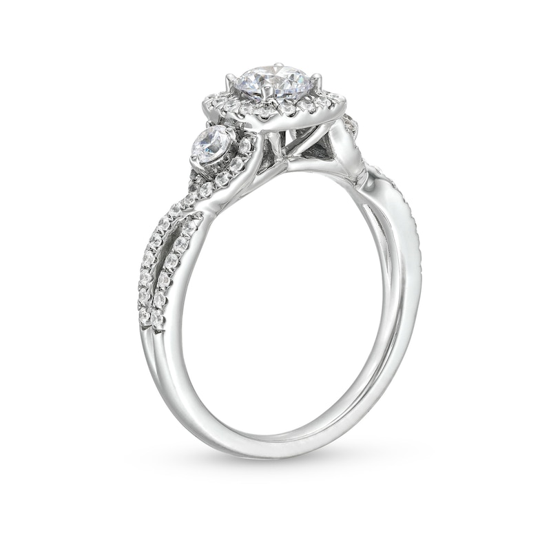 Main Image 3 of 1 CT. T.W. Diamond Cushion Frame Split Shank Past Present Future® Engagement Ring in 14K White Gold (I/I2)