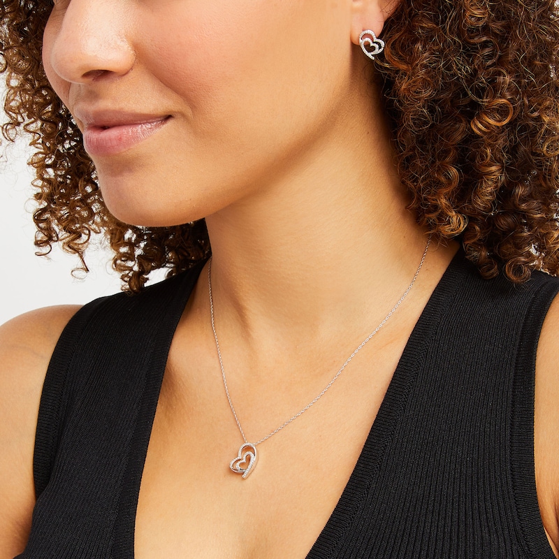 Main Image 2 of 1/4 CT. T.W. Diamond Tilted Heart Pendant and Stud Earrings Set in Sterling Silver