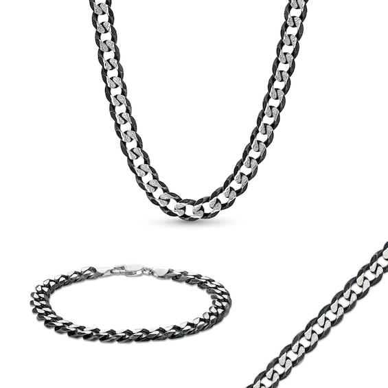Diamond-Cut Curb Chain Necklace and Bracelet Set in Solid Sterling  Silver with Black Ruthenium