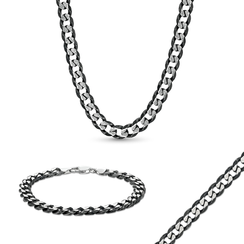Main Image 1 of Men's 8.1mm Diamond-Cut Curb Chain Necklace and Bracelet Set in Solid Sterling Silver with Black Ruthenium