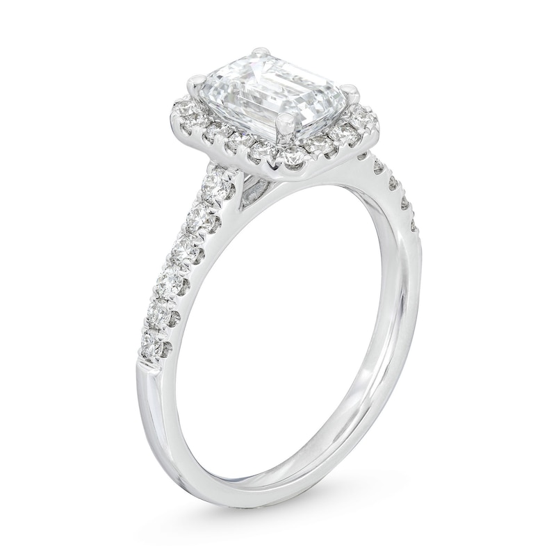 Main Image 3 of 2 CT. T.W. Certified Emerald-Cut Lab-Grown Diamond Frame Engagement Ring in 14K White Gold (F/SI2)