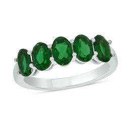 Oval Lab-Created Emerald Five Stone Band in 10K White Gold