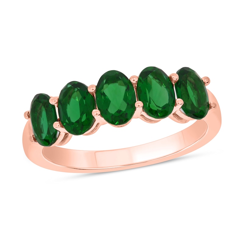 Main Image 1 of Oval Lab-Created Emerald Five Stone Band in 10K Rose Gold