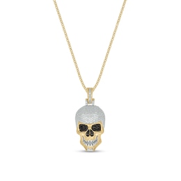 Men's 3/8 CT. T.W. Black and White Diamond Skull with Helmet Pendant in Sterling Silver and 14K Gold Plate