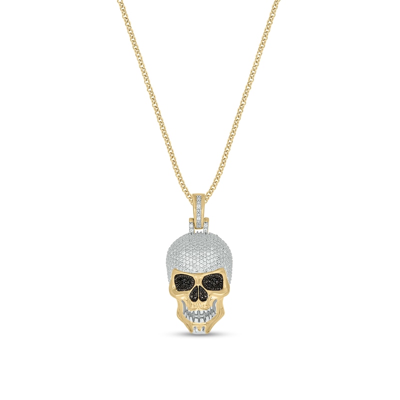 Main Image 1 of Men's 3/8 CT. T.W. Black and White Diamond Skull with Helmet Pendant in Sterling Silver and 14K Gold Plate