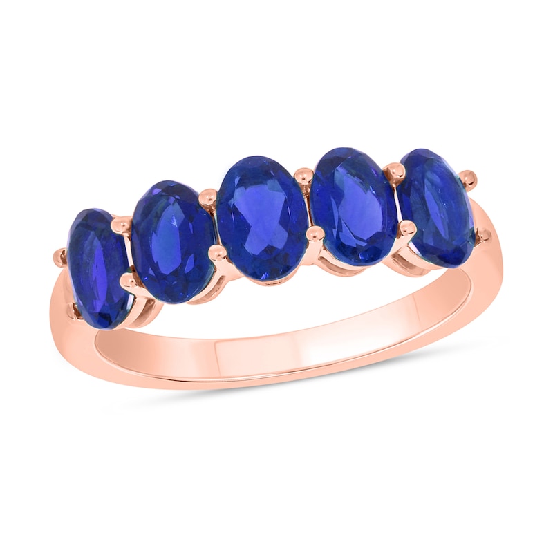 Main Image 1 of Oval Blue Lab-Created Sapphire Five Stone Band in 10K Rose Gold