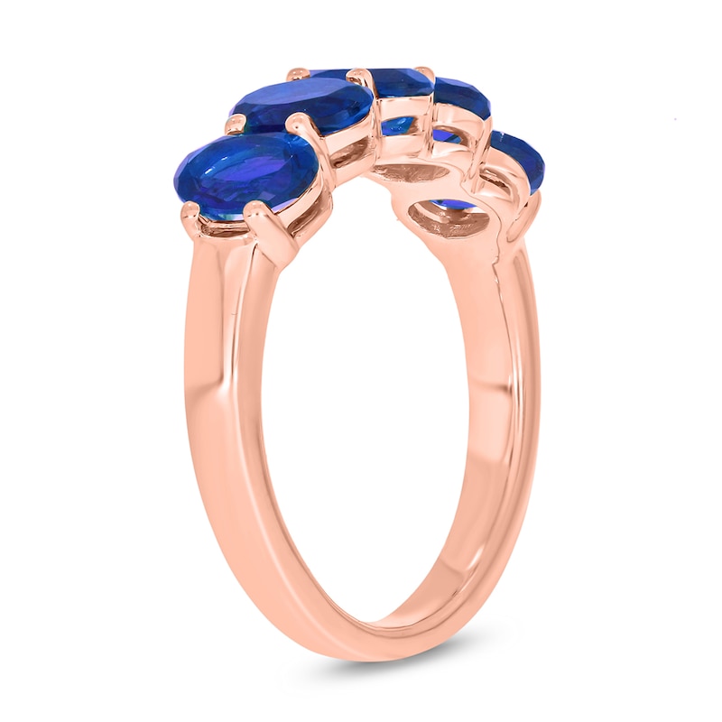 Main Image 2 of Oval Blue Lab-Created Sapphire Five Stone Band in 10K Rose Gold
