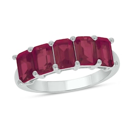 Emerald-Cut Lab-Created Ruby Five Stone Band in 10K White Gold