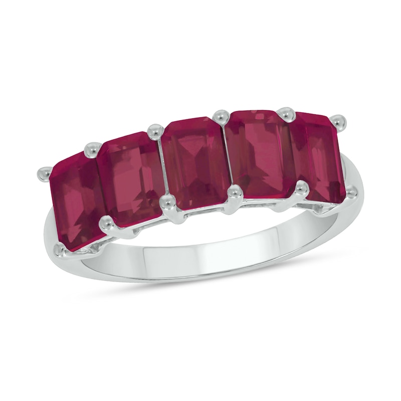 Main Image 1 of Emerald-Cut Lab-Created Ruby Five Stone Band in 10K White Gold
