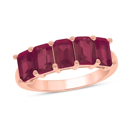 Emerald-Cut Lab-Created Ruby Five Stone Band in 10K Rose Gold