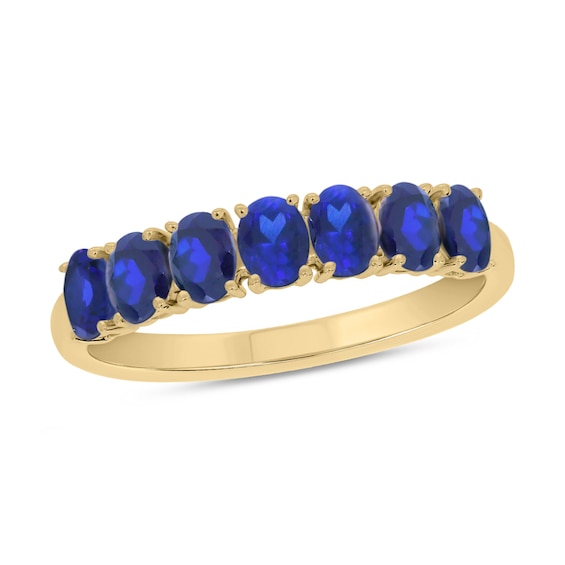 10k Yellow Gold Layered Band Ring With 7 Blue Sapphires & Diamond Accents - Size 10.75