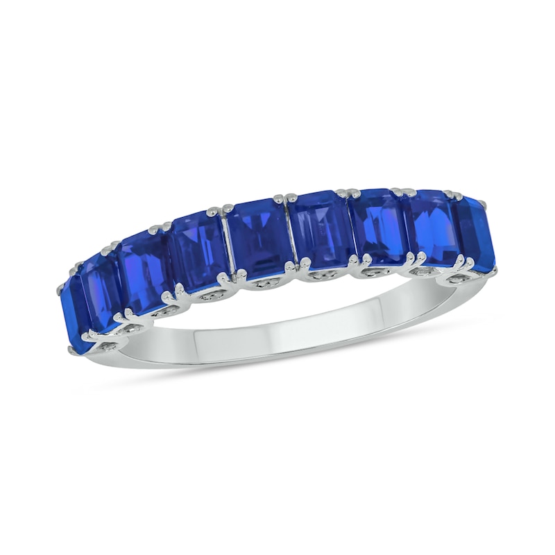 Main Image 1 of Emerald-Cut Blue Lab-Created Sapphire Nine Stone Band in 10K White Gold