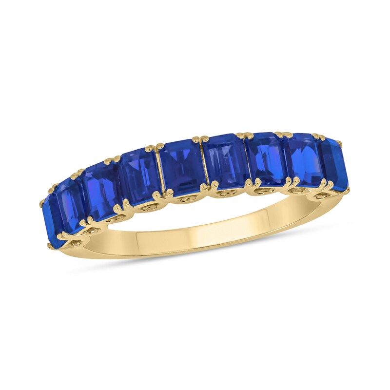 Main Image 1 of Emerald-Cut Blue Lab-Created Sapphire Nine Stone Band in 10K Gold