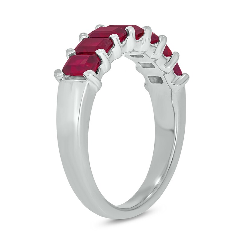 Emerald-Cut Lab-Created Ruby Tiered Seven Stone Band in 10K White Gold