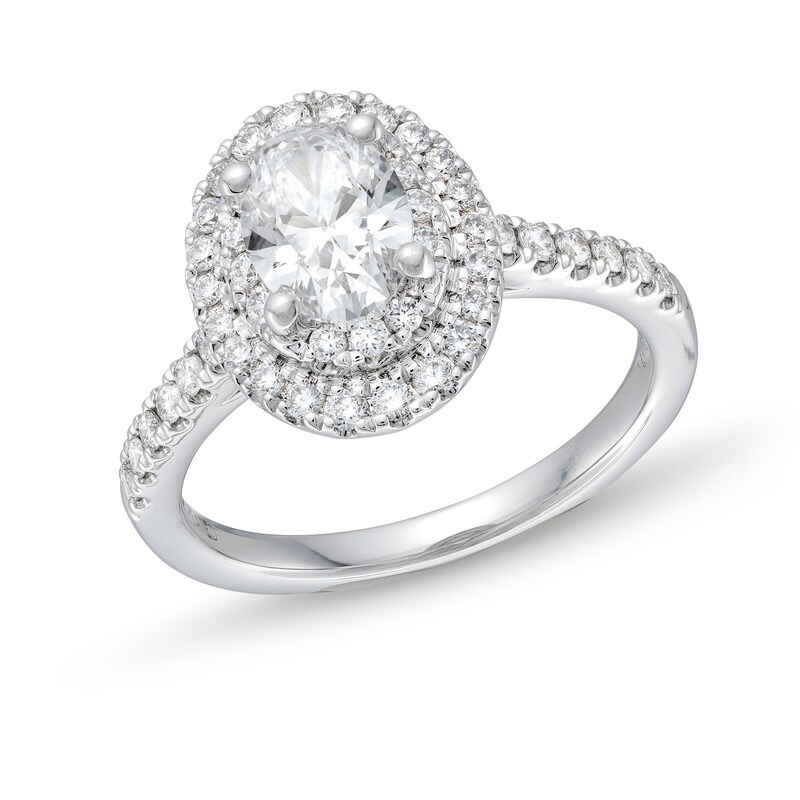 Main Image 1 of 1-1/2 CT. T.W. Certified Oval Lab-Grown Diamond Double Frame Engagement Ring in 14K White Gold (F/SI2)