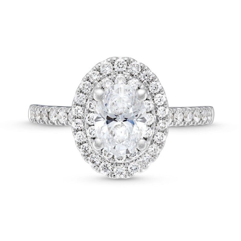 Main Image 4 of 1-1/2 CT. T.W. Certified Oval Lab-Grown Diamond Double Frame Engagement Ring in 14K White Gold (F/SI2)